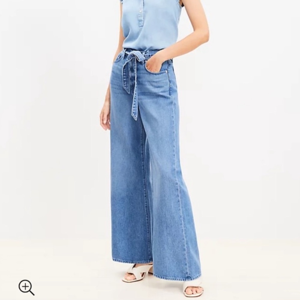 LOFT High Rise Belted Palazzo Jeans 25 0 Medium Wash Denim - Picture 10 of 11